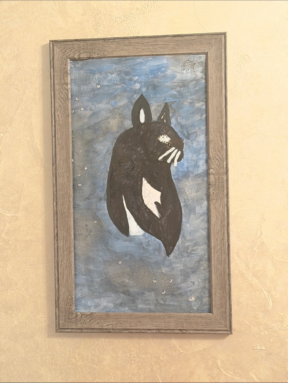 Framed Abstract Black Cat Artwork on Blue Background